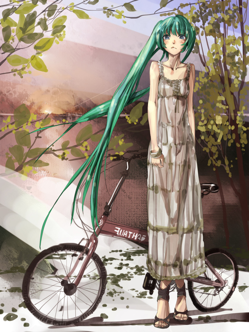 aqua_hair bicycle blue_eyes bracelet danann dress folding_bicycle hatsune_miku high_heels highres jewelry long_hair sandals see-through shoes solo tree twintails very_long_hair vocaloid wind