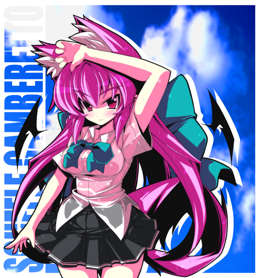 bow breasts crazy_developers highres no_bra original pink_eyes pink_hair school_uniform see-through skirt solo tail