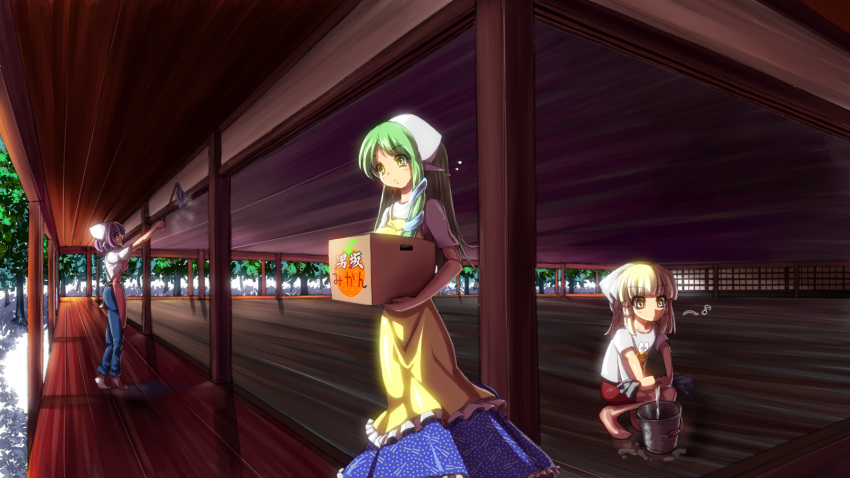 apron blonde_hair bucket carrying cleaning duster gloves green_hair head_scarf highres kochiya_sanae long_hair mikan_box moriya_suwako musical_note purple_hair squatting t-shirt touhou umigarasu_(artist) umigarasu_(kitsune1963) veranda wooden_beam wooden_floor yasaka_kanako