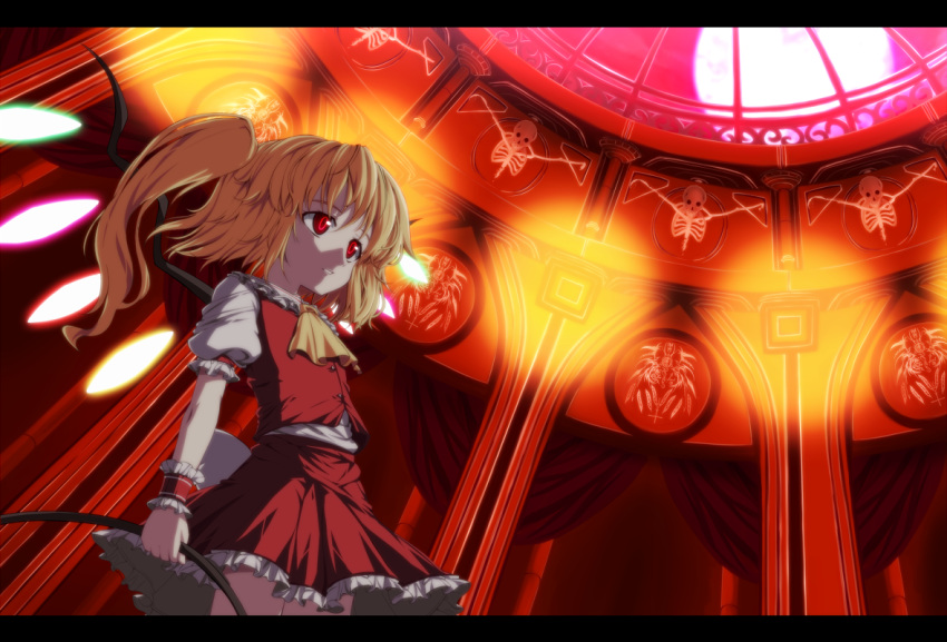 flandre_scarlet full_moon isa isatessyu letterboxed moon no_hat no_headwear ponytail red_eyes red_moon side_ponytail solo touhou wings