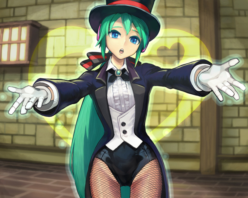 aqua_eyes aqua_hair bad_id fishnet_pantyhose fishnets gloves hands hat hatsune_miku jacket leotard long_hair magician miracle_paint_(vocaloid) outstretched_arms pantyhose ponytail project_diva ryman solo spread_arms top_hat very_long_hair vocaloid