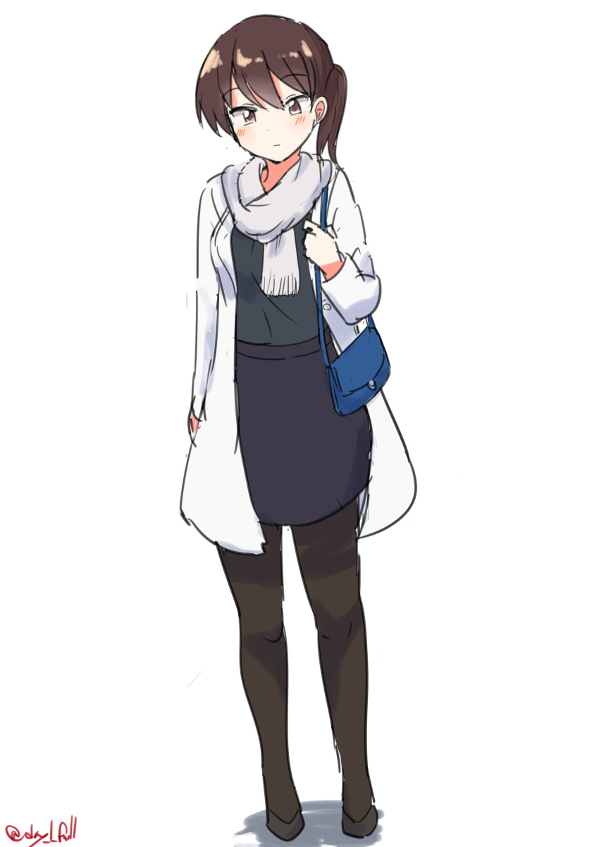 absurdres bag black_pantyhose black_shirt black_skirt brown_eyes brown_hair coat full_body highres kaga_(kancolle) kantai_collection long_hair official_alternate_costume one-hour_drawing_challenge pantyhose robinson_(day_l_full) scarf shirt shoulder_bag side_ponytail simple_background skirt standing tsurime white_background white_coat white_scarf