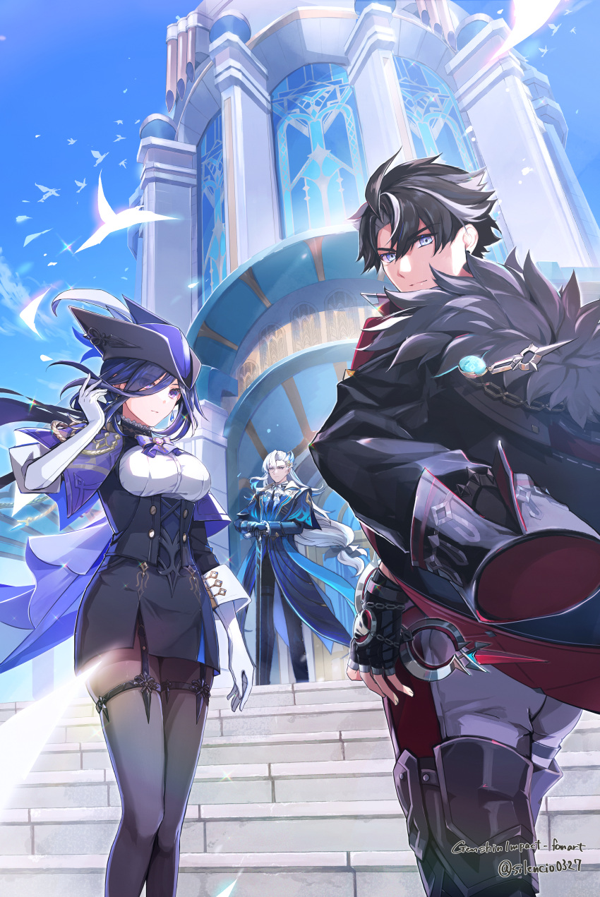 1girl 2boys absurdres ascot bird black_corset black_hair blue_coat blue_eyes blue_hair blue_headwear blue_sky breasts cane cape clorinde_(genshin_impact) coat coat_on_shoulders corset dangle_earrings dark_blue_hair earrings epaulettes fingerless_gloves fold-over_gloves fur-trimmed_coat fur_trim garter_straps genshin_impact gloves grey_pants hair_ears hat hat_feather highres holding holding_cane jewelry lapels large_breasts long_hair looking_at_viewer low-tied_long_hair low_ponytail multicolored_hair multiple_boys neuvillette_(genshin_impact) outdoors pants pantyhose peaked_lapels purple_ascot purple_cape sasame_yuuki shirt sky stairs standing streaked_hair taut_clothes taut_shirt tricorne violet_eyes white_ascot white_gloves wriothesley_(genshin_impact)