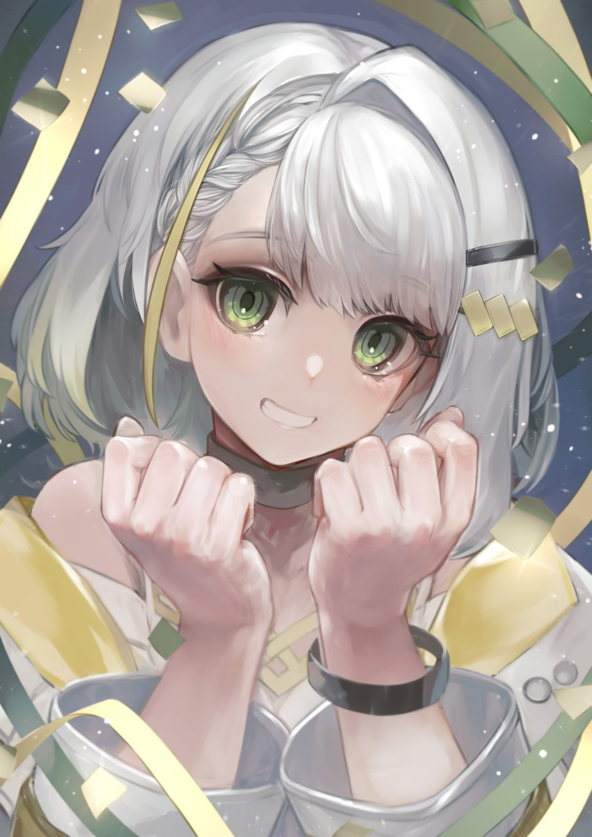 1girl a.i._voice absurdres akiba_(nagusami) asymmetrical_bangs bare_shoulders black_choker blonde_hair braid braided_bangs choker clenched_hands commentary confetti green_eyes grey_hair grin hair_ornament hairclip hands_up head_tilt highres jacket light_particles long_hair long_sleeves looking_at_viewer multicolored_clothes multicolored_hair multicolored_jacket off_shoulder open_clothes open_jacket shirt single_hair_intake smile solo spaghetti_strap streaked_hair streamers tsunose_kotone two-tone_jacket upper_body white_jacket white_shirt wristband yellow_jacket