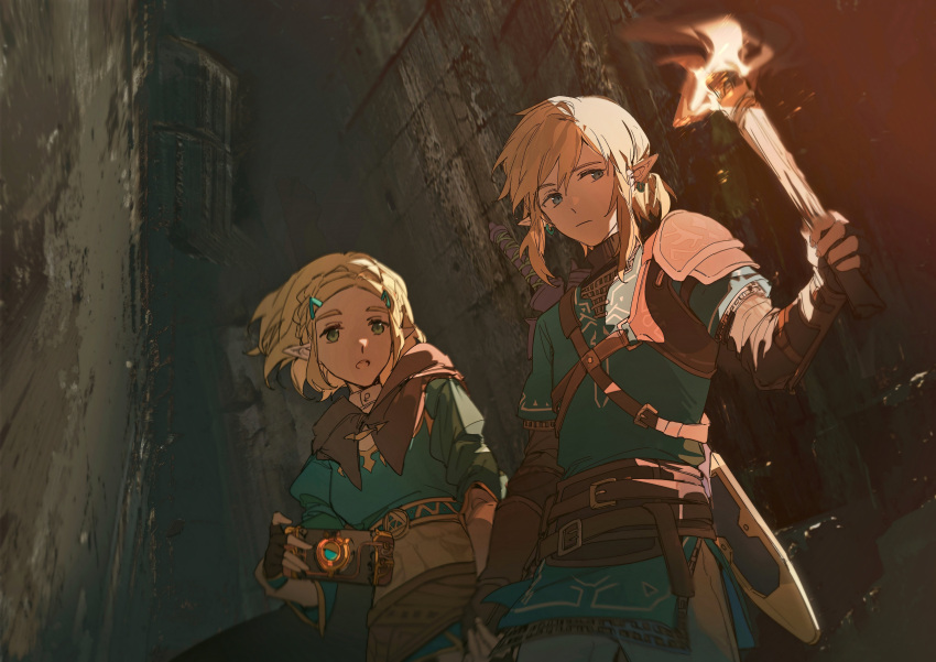 absurdres blonde_hair blue_eyes blue_shirt blue_tunic bob_cut braid cape champion's_tunic_(zelda) crown_braid earrings fingerless_gloves gloves hair_ornament hairclip highres holding holding_hands holding_torch hood hooded_cape jewelry layered_sleeves link long_sleeves low_ponytail master_sword pointy_ears princess_zelda sheikah_slate shirt short_over_long_sleeves short_ponytail short_sleeves sword sword_on_back the_legend_of_zelda the_legend_of_zelda:_tears_of_the_kingdom torch weapon weapon_on_back yuno_11_02