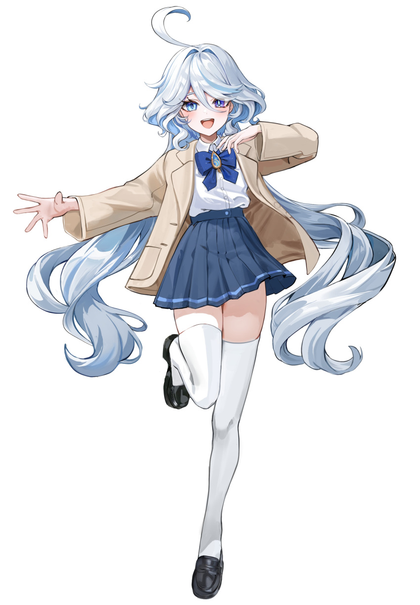 1girl absurdres ahoge alternate_costume blue_bow blue_bowtie blue_brooch blue_eyes blue_hair blue_skirt blush bow bowtie coat dasha full_body furina_(genshin_impact) genshin_impact hair_between_eyes heterochromia highres light_blue_hair long_hair looking_at_viewer multicolored_hair open_clothes open_coat open_mouth pleated_skirt school_uniform sidelocks simple_background skirt smile solo standing standing_on_one_leg streaked_hair teeth thigh-highs upper_teeth_only white_background white_thighhighs