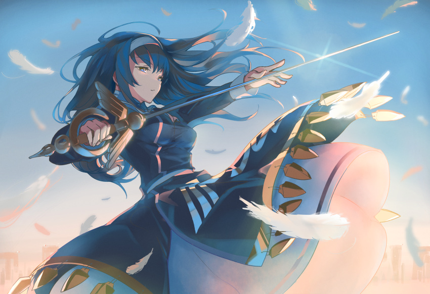 1girl ahoge blue_eyes blue_hair blue_sky dress feathers hairband highres holding holding_weapon long_hair namaco orie_(under_night_in-birth) outdoors rapier sky solo sword under_night_in-birth very_long_hair weapon white_hairband