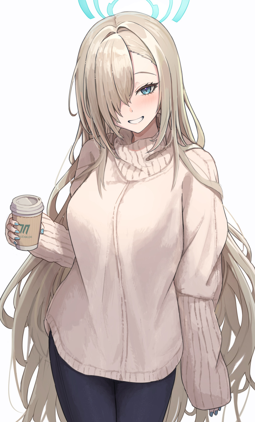 1girl absurdres alternate_costume asuna_(blue_archive) black_pants blue_archive blue_eyes blue_halo blue_nails blush breasts casual coffee_cup cowboy_shot cup disposable_cup fingernails grin hair_over_one_eye halo highres holding holding_cup icetea774 large_breasts light_brown_hair long_hair looking_at_viewer nail_polish pants simple_background sleeves_past_wrists smile solo sweater white_background white_sweater