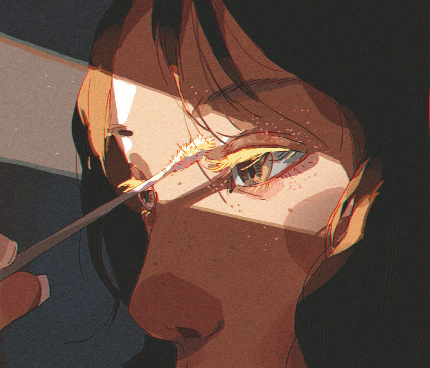 1girl applying_makeup black_hair blush body_blush brown_eyes chromatic_aberration close-up commentary english_commentary fingernails glitter long_eyelashes looking_ahead mascara_wand mouth_out_of_frame nose_blush original parted_bangs red_nose simple_background solo sunlight xi_zhang