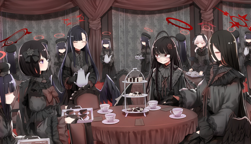 6+girls alternate_costume black_dress black_gloves black_hair black_wings blue_archive bow cake chair closed_eyes closed_mouth cup dress feathered_wings food gloves gothic_lolita grin halo hasumi_(blue_archive) highres ichika_(blue_archive) indoors justice_task_force_(blue_archive) justice_task_force_member_(blue_archive) koharu_(blue_archive) lolita_fashion long_hair long_sleeves low_wings mashiro_(blue_archive) morotake multiple_girls pink_eyes pink_hair red_bow red_eyes red_halo short_hair smile table tsurugi_(blue_archive) violet_eyes wings