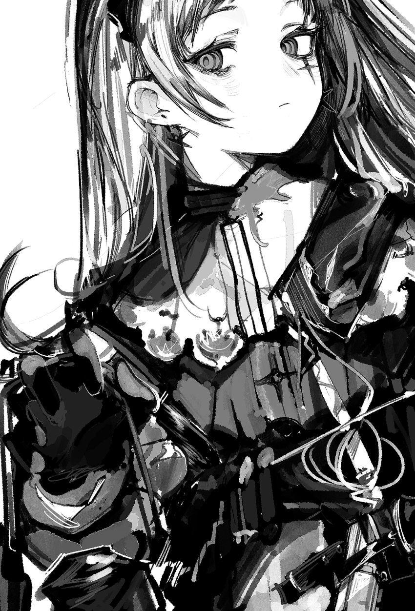 1girl arknights closed_mouth dress earrings gloves greyscale highres holding holding_lantern irene_(arknights) jewelry lantern long_hair long_sleeves looking_at_viewer monochrome scar scar_across_eye simple_background sirayukisiu solo upper_body