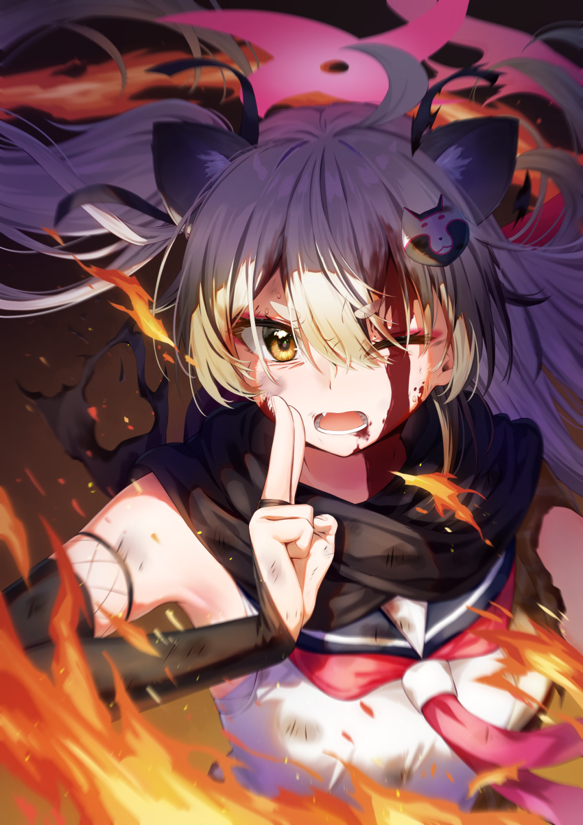 1girl ahoge animal_ears black_hair black_sailor_collar black_scarf blood blood_on_face blue_archive bridal_gauntlets commentary_request fang fire halo highres kuria_(clear_trip_second) long_hair looking_at_viewer michiru_(blue_archive) multicolored_hair neckerchief open_mouth pink_halo red_neckerchief sailor_collar scarf single_bridal_gauntlet solo streaked_hair twintails upper_body white_hair yellow_eyes