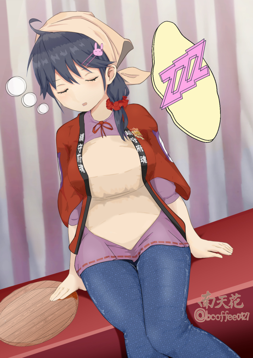 1girl ahoge apron bandana black_hair blue_pants closed_eyes denim dutch_angle hair_ornament hair_over_shoulder hair_scrunchie hairclip happi highres japanese_clothes jeans kantai_collection long_hair nantenka official_alternate_costume one-hour_drawing_challenge pants purple_shirt red_scrunchie scrunchie shirt sitting sleeping solo tray twitter_username ushio_(kancolle) zzz