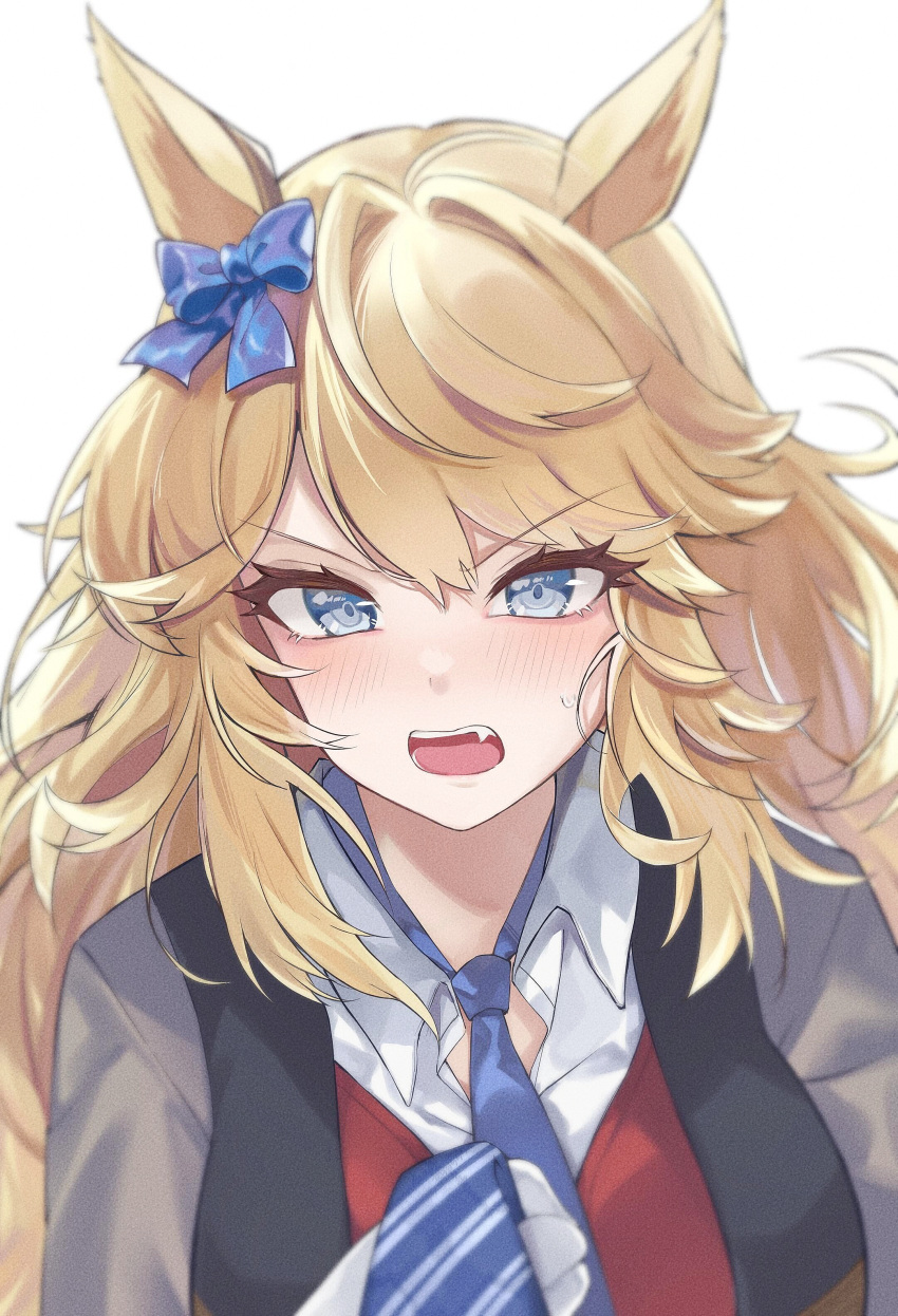 1girl absurdres animal_ears blonde_hair blue_bow blue_eyes blue_necktie blush bow collared_shirt ear_bow fang gloves gold_city_(umamusume) hasegawamorito highres horse_ears horse_girl long_hair long_sleeves looking_at_viewer necktie open_mouth shirt simple_background solo teeth umamusume upper_body white_background white_gloves white_shirt