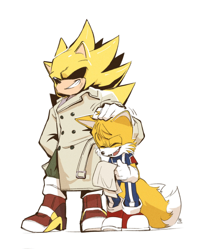 2boys aioles all_might alternate_costume animal_ears animal_nose blue_pants boku_no_hero_academia closed_eyes coat commentary english_commentary fox_boy fox_ears fox_tail full_body furry furry_male gloves gym_uniform hand_on_another's_head highres male_focus multiple_boys open_mouth pants red_footwear shoes simple_background smile soap_shoes sonic_(series) sonic_the_hedgehog standing super_sonic tail u.a._gym_uniform white_background white_gloves