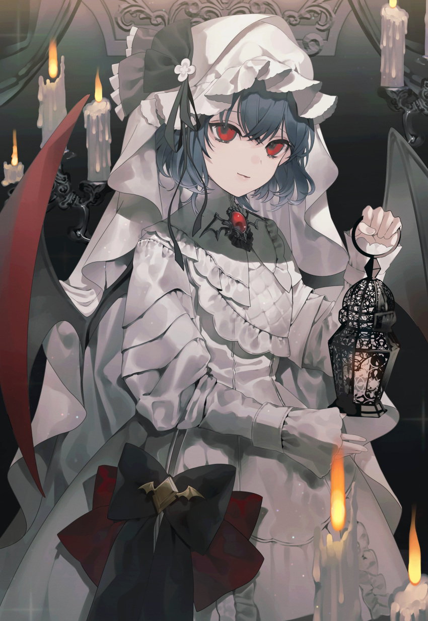 1girl absurdres alternate_costume bat_wings black_bow blue_hair bow brooch candle candlestand daimaou_ruaeru dress gothic_lolita hat hat_bow highres holding holding_lantern jewelry lantern lolita_fashion long_sleeves looking_at_viewer red_eyes remilia_scarlet short_hair solo standing touhou white_dress white_headwear wings