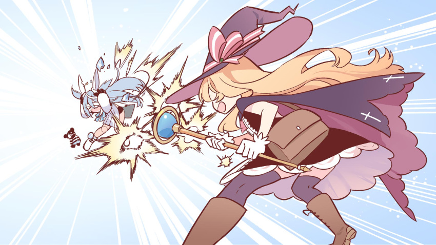 2girls bag blue_hair brown_bag brown_footwear comedy cross game_cg gloves handbag hands_on_own_head hat hat_ribbon highres holding holding_staff holding_weapon knees little_witch_nobeta long_hair monica_(little_witch_nobeta) multiple_girls nobeta non-web_source official_art open_mouth pain purple_headwear ribbon shoes spoilers staff straight_hair thigh-highs weapon white_footwear white_gloves witch_hat zettai_ryouiki