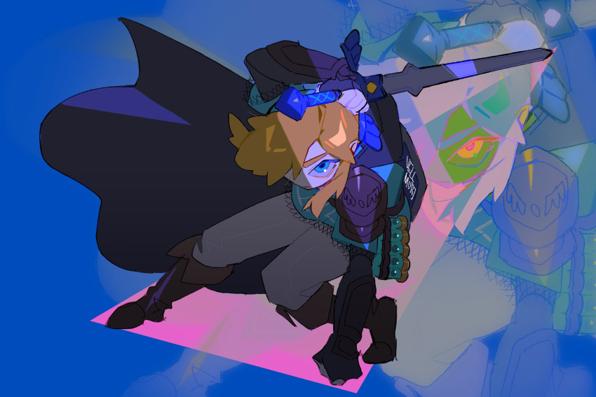 1boy arm_up black_cape blonde_hair blue_background blue_eyes boots brown_footwear cape champion's_tunic_(zelda) closed_mouth grey_pants highres holding holding_sword holding_weapon link looking_at_viewer master_sword pants shd_eod sidelocks solo sword the_legend_of_zelda the_legend_of_zelda:_tears_of_the_kingdom weapon zoom_layer