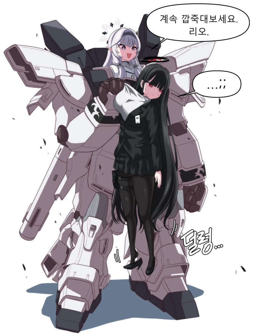 2girls absurdres black_footwear black_hair black_hairband black_pantyhose black_skirt blue_archive breasts bright_pupils closed_mouth commentary false_smile flat_chest gundam gundam_narrative hairband halo high_heels highres himari_(blue_archive) id_card korean_commentary korean_text large_breasts long_hair long_sleeves multiple_girls open_mouth pangtanto pantyhose pleated_skirt pointy_ears red_eyes ribbed_sweater rio_(blue_archive) simple_background sinanju_stein skirt smile speech_bubble striped striped_hairband suit sweater violet_eyes white_background white_hair white_pupils white_sweater