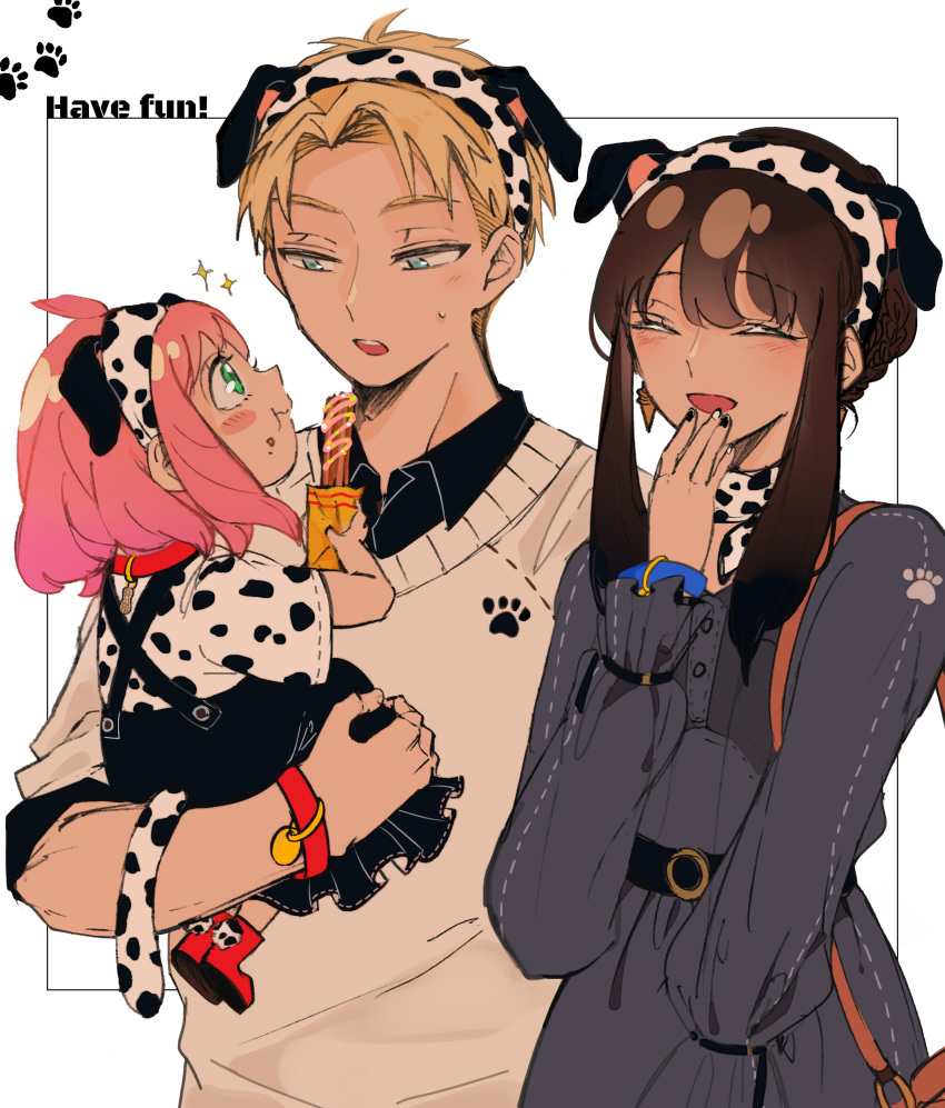 1boy 2girls :d :o ^_^ absurdres ahoge animal_ears anya_(spy_x_family) black_hair black_nails black_shirt black_skirt blonde_hair blue_eyes blush blush_stickers boots bracelet brown_sweater carrying child churro closed_eyes closed_mouth collar collared_shirt commentary_request criss-cross_suspenders dalmatian_print dog_ears dog_girl dog_tail dress earrings eye_contact fake_animal_ears fake_tail family fingernails food food_on_face frilled_sleeves frills gold_earrings green_eyes grey_dress hair_between_eyes hairband highres holding holding_food jewelry laughing long_sleeves looking_at_another medium_hair multicolored_nails multiple_girls nail_polish open_mouth parted_bangs paw_print peanuts_omr pink_hair pleated_skirt print_hairband print_shirt profile red_collar red_footwear shirt short_hair short_sleeves sidelocks simple_background skirt sleeves_rolled_up smile sparkle spy_x_family suspender_skirt suspenders sweatdrop sweater tail teeth twilight_(spy_x_family) upper_teeth_only white_background white_hairband white_nails white_shirt wing_collar yor_briar