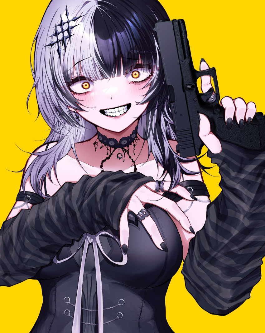 1girl absurdres black_choker black_hair black_nails choker detached_sleeves glock gun handgun highres holding holding_gun holding_weapon hololive hololive_english jewelry kyaneton long_hair long_sleeves looking_at_viewer multicolored_hair ribbon ring shiori_novella simple_background smile solo split-color_hair teeth upper_body virtual_youtuber weapon white_hair white_ribbon wide-eyed yellow_background yellow_eyes