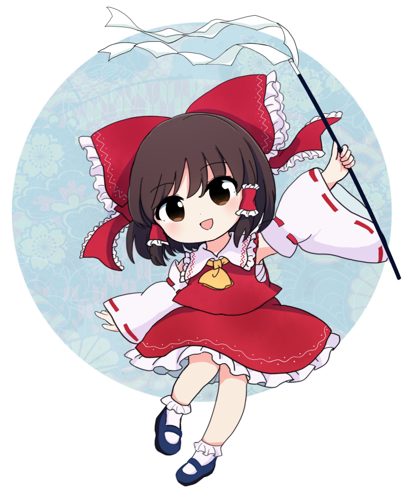 1girl :d ascot black_footwear bow brown_hair detached_sleeves frilled_skirt frills full_body gohei hair_bow hair_tubes hakurei_reimu highres holding open_mouth red_bow red_shirt red_skirt rei_(tonbo0430) ribbon-trimmed_sleeves ribbon_trim sarashi shirt short_hair sidelocks skirt smile socks solo touhou white_socks wide_sleeves yellow_ascot