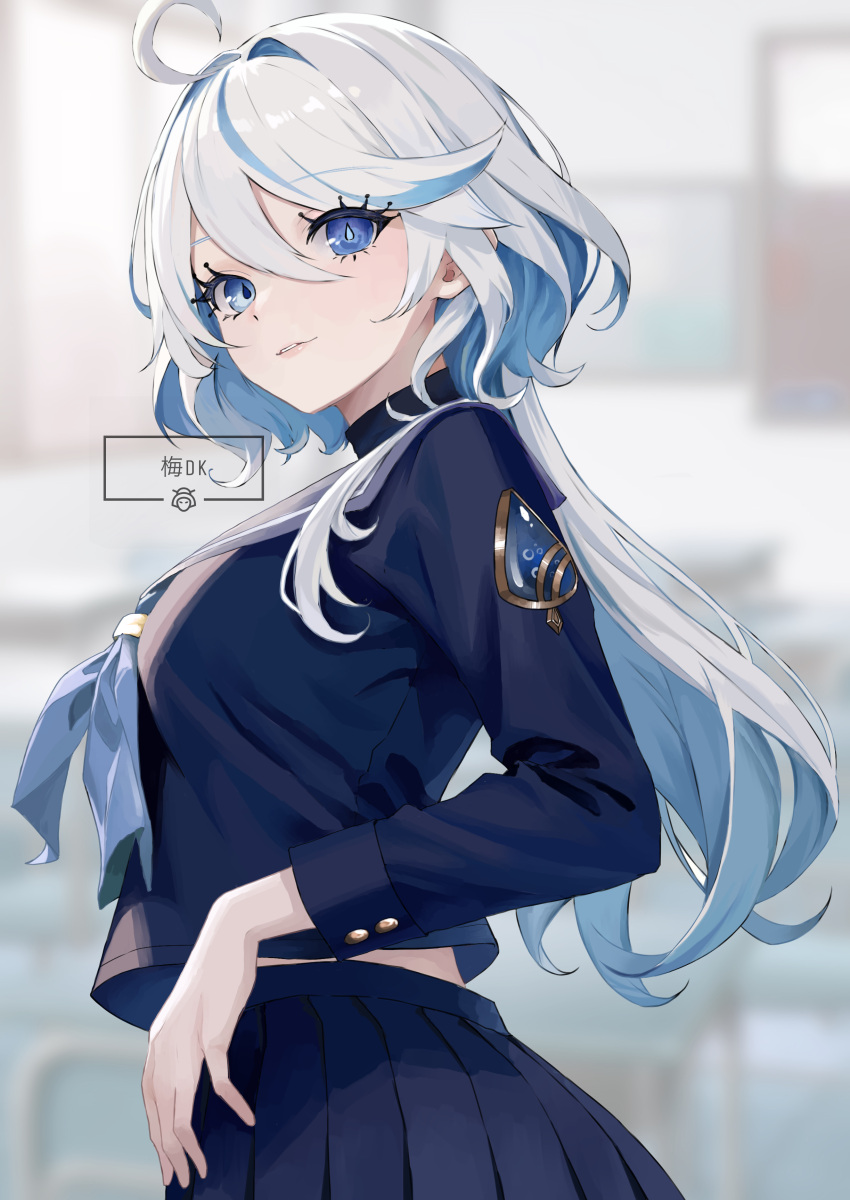 1girl absurdres alternate_costume artist_name blue_eyes blue_hair blue_sailor_collar blue_serafuku blue_shirt blue_skirt blurry blurry_background breasts colored_inner_hair cowlick drop-shaped_pupils from_side furina_(genshin_impact) genshin_impact grey_hair hair_between_eyes heterochromia highres lips long_hair looking_to_the_side medium_breasts midriff_peek mismatched_pupils multicolored_hair neckerchief parted_lips pleated_skirt sailor_collar school_uniform serafuku shirt sidelocks skirt solo streaked_hair ume_dk upper_body