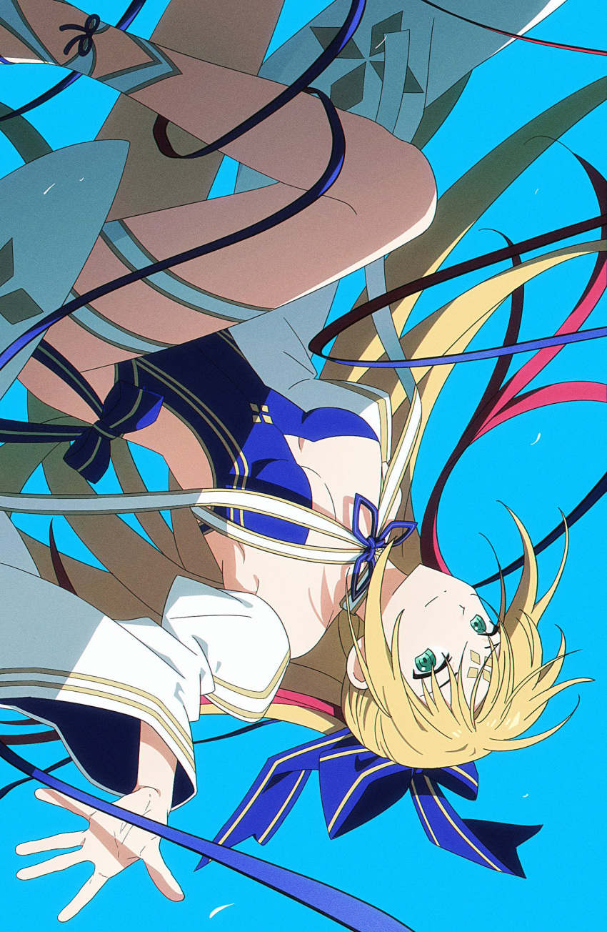 1girl artoria_caster_(swimsuit)_(fate) artoria_caster_(swimsuit)_(third_ascension)_(fate) blonde_hair blue_background blue_one-piece_swimsuit bobi breasts detached_sleeves facial_mark fate/grand_order fate_(series) forehead_mark green_eyes highres long_hair one-piece_swimsuit small_breasts swimsuit upside-down wide_sleeves