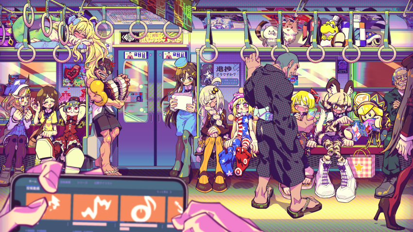 3boys 6+girls african_wild_dog_(kemono_friends) american_flag_dress american_flag_legwear anger_vein animal_ears arms_up bag bench black_footwear black_kimono black_shorts black_socks blonde_hair blue_headwear blue_shell_(mario) blue_skirt boots bow bowtie brochure brown_bag brown_hair brown_pantyhose brown_thighhighs buzz_cut cat cellphone character_request closed_eyes closed_mouth clownpiece commentary_request cookie_(touhou) copyright_request crossover dedeen dentures dog_ears dog_girl dog_tail feet full_body green_eyes grey_hair grey_pantyhose grin hair_between_eyes hair_ornament hair_ribbon hand_grip hat high_heels highres holding holding_hand_grip horse_ears horse_girl japanese_clothes japanese_crested_ibis_(kemono_friends) jashin-chan jashin-chan_dropkick jester_cap kemono_friends kimono kirby:_star_allies kirby_(series) kizuna_akari laetitia_(lobotomy_corporation) lamia lobotomy_corporation long_hair long_sleeves looking_at_another looking_to_the_side manatsu_no_yo_no_inmu mary_janes matikane_tannhauser_(umamusume) medium_bangs miura_daisenpai miyako_yoshika monster_girl monster_musume_no_iru_nichijou morpho_knight multiple_boys multiple_crossover multiple_girls nadeko_(cookie) niconico no_shoes one_side_up open_mouth orange_pantyhose pantyhose pencil_skirt phone pink_eyes pink_headwear pointing poster_(object) pov pov_hands project_moon purple_shorts red_bow red_bowtie red_eyes red_footwear red_ribbon red_shorts ribbon rumia sandals shirt shoe_soles shoes shopping_bag short_bangs short_hair short_sleeves shorts sitting skirt sleeping smartphone smile socks soles star_(symbol) striped striped_pantyhose subway sunglasses super_mario_bros. suu_(monster_musume) tail takuya_(acceed) thigh-highs touhou train_interior turtle_shell umamusume very_long_hair very_short_hair voiceroid walking waving white_footwear yellow_shirt yoshi
