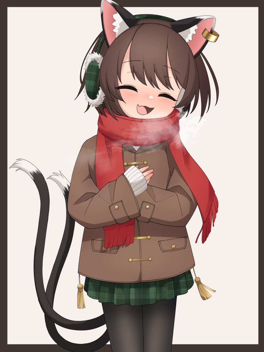 1girl :d absurdres alternate_costume animal_ear_piercing animal_ears asakura_haru blush border breath brown_coat brown_hair cat_ears cat_tail chen closed_eyes coat commentary_request cowboy_shot dot_nose double-parted_bangs earmuffs earrings fang green_skirt grey_border hands_up happy highres jewelry multiple_tails nekomata no_headwear open_mouth outside_border pantyhose plaid plaid_skirt red_scarf scarf short_hair single_earring skin_fang skirt sleeves_past_wrists smile solo standing swept_bangs tail tassel touhou two_tails white_background