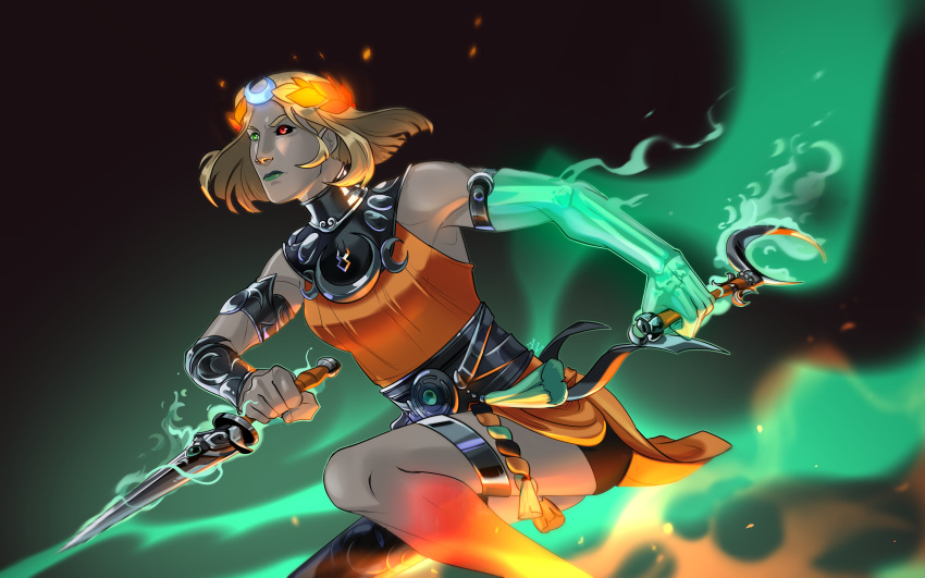 1girl absurdres adsurgitvagus armlet asymmetrical_arms aura black_sclera blonde_hair bracer colored_sclera dress dual_wielding fighting_stance glowing_arm green_eyes green_lips hades_(series) hades_2 heterochromia highres holding holding_knife holding_sickle knife laurel_crown melinoe_(hades) mismatched_sclera orange_dress red_eyes short_hair sickle skeletal_arm solo thigh_strap translucent_skin