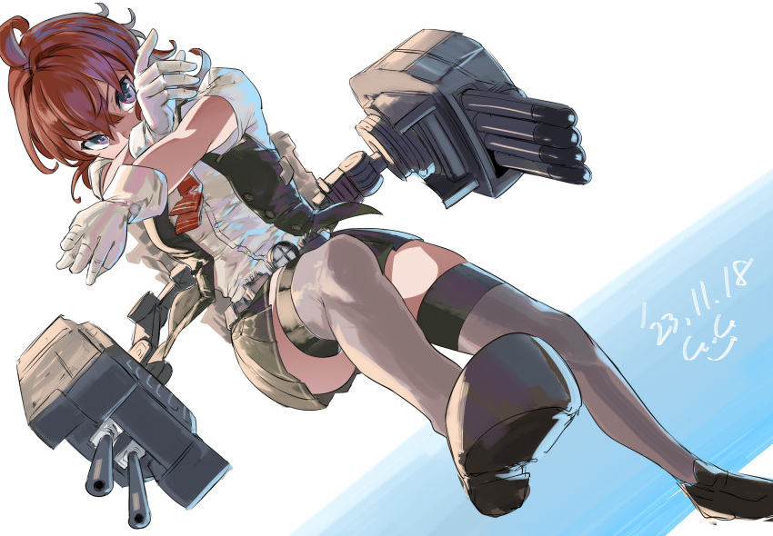 1girl ahoge arashi_(kancolle) ascot asymmetrical_hair black_vest cannon dated depth_charge full_body gegeron gloves grey_thighhighs highres kantai_collection kerchief machinery messy_hair neck_ribbon neckerchief pleated_skirt red_ascot redhead ribbon rigging school_uniform searchlight shirt short_sleeves signature skirt solo thigh-highs torpedo_tubes vest white_background white_gloves white_shirt