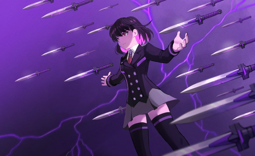 1girl black_hair black_jacket black_thighhighs blazer closed_mouth collared_shirt commentary dagger english_commentary grey_skirt hair_between_eyes hands_up jacket jourd4n knife lightning minori_yume_(jourd4n) multicolored_hair necktie original pink_hair pleated_skirt red_eyes red_necktie school_uniform shirt skirt solo thigh-highs two-tone_hair v-shaped_eyebrows weapon white_shirt