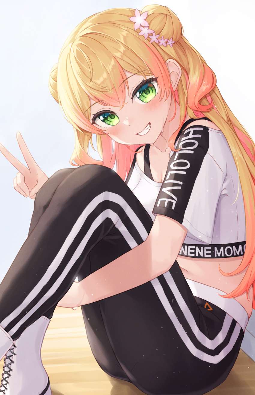 1girl absurdres black_pants blush character_name copyright_name crop_top crop_top_overhang double_bun flower green_eyes hair_bun hair_flower hair_ornament highres hololive hololive_dance_practice_uniform long_hair looking_at_viewer momosuzu_nene official_alternate_costume pants shoes sneakers typho very_long_hair virtual_youtuber white_footwear yoga_pants