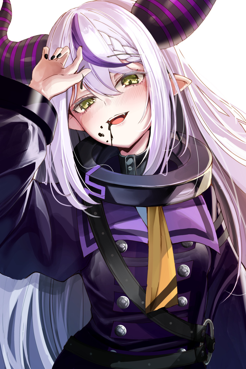 1girl absurdres ahoge ascot black_horns black_nails blush braid braided_bangs coat coat_dress collar fangs highres hololive horns la+_darknesss la+_darknesss_(1st_costume) looking_at_viewer metal_collar mika_uni multicolored_hair nail_polish open_mouth pointy_ears purple_coat purple_hair smile solo streaked_hair striped_horns virtual_youtuber yellow_ascot yellow_eyes