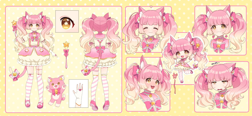 1other :3 :d absurdres animal_ear_fluff animal_ears annoyed arm_at_side arm_up arms_at_sides back_bow bell belt blonde_hair blunt_bangs blush bow bowtie bridal_garter brooch bubble_skirt buttons cat_ears cat_other cat_tail chibi choker closed_eyes closed_mouth cropped_shoulders estella_(millie_(mahoustars)) fingerless_gloves footwear_bow frilled_choker frilled_sailor_collar frilled_skirt frilled_sleeves frills from_behind full_body garter_straps glove_bow gloves gradient_hair hair_bow hair_ornament hand_up happy heel_up highres holding holding_wand jewelry leg_up legs_apart long_hair looking_at_viewer magical_star_(millie_(mahoustars)) mary_janes miniskirt multicolored_hair multiple_views neck_bell open_mouth original other_focus overskirt pigeon-toed pink_belt pink_bow pink_bowtie pink_cat pink_choker pink_footwear pink_hair pink_sailor_collar pink_skirt pink_thighhighs polka_dot polka_dot_background portrait puffy_short_sleeves puffy_sleeves ribbon sailor_collar saito_katuo shirt shoes short_sleeves sidelocks simple_background single_garter_strap skirt smile smug standing star_(symbol) star_hair_ornament star_in_eye straight-on striped striped_thighhighs suspenders sweat symbol_in_eye tail tail_bell tail_bow tail_ornament tail_ribbon thigh-highs tied_sleeves twintails very_long_hair wand wavy_hair white_gloves white_thighhighs yellow_background yellow_eyes yellow_shirt yellow_skirt