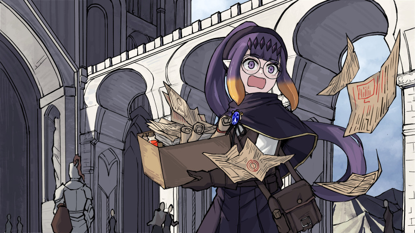 1girl absurdres blue_brooch box brown_bag brown_gloves building fang glasses gloves gradient_hair headpiece highres holding holding_box hololive hololive_english ice_(10222) knight long_hair multicolored_hair ninomae_ina'nis open_mouth orange_hair paper_stack pleated_skirt pointy_ears ponytail purple_hair purple_skirt round_eyewear scroll shirt skirt sky solo_focus tentacle_hair vial violet_eyes virtual_youtuber white_shirt
