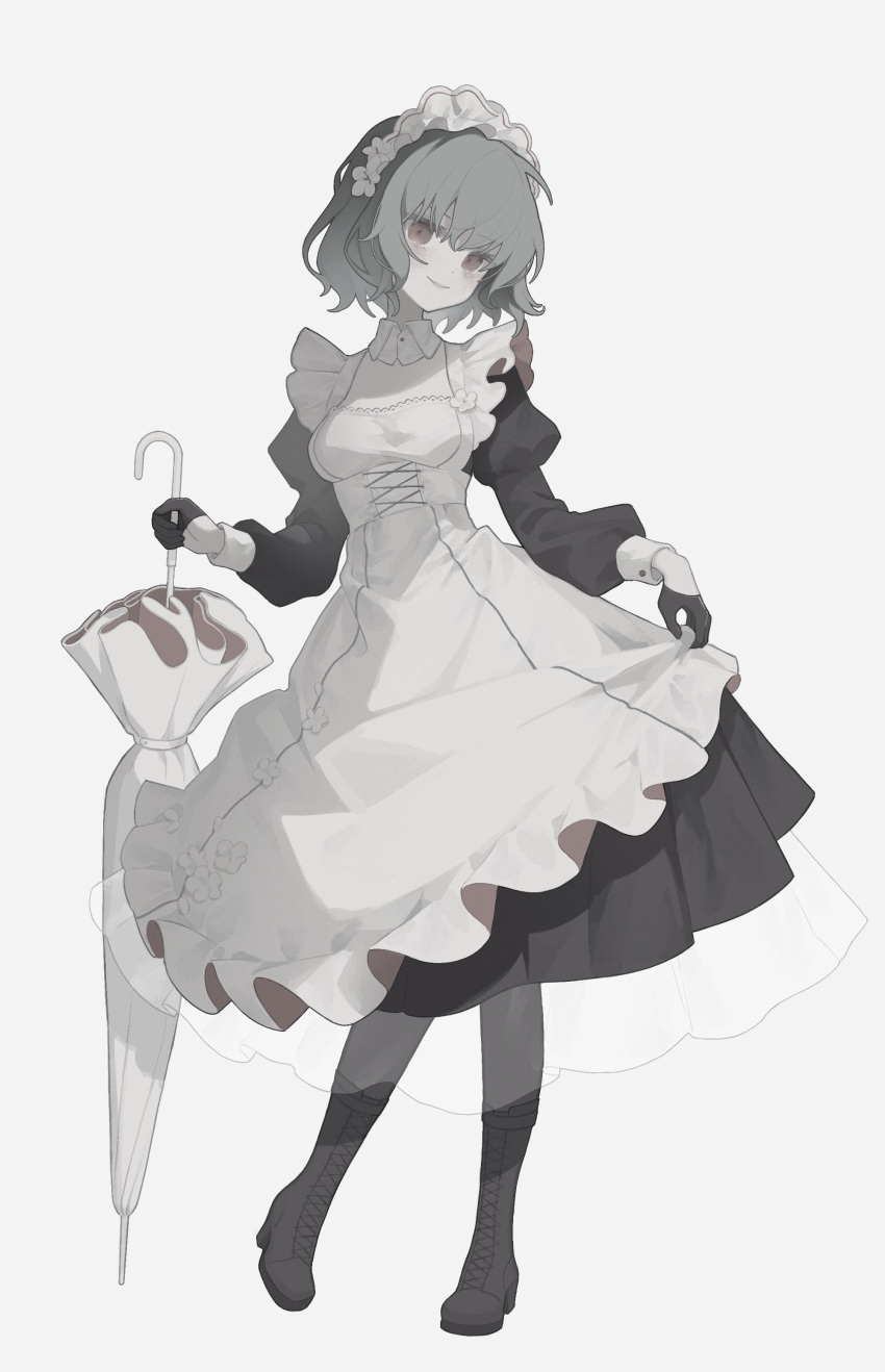 1girl absurdres alternate_costume apron black_dress black_footwear black_gloves black_pantyhose boots collar commentary cross-laced_footwear detached_collar dress enmaided full_body gloves green_hair half_gloves highres holding holding_umbrella juliet_sleeves kazami_yuuka long_sleeves looking_at_viewer maid maid_apron maid_headdress pale_color pantyhose parted_lips puffy_sleeves rcs_4 red_eyes short_hair simple_background skirt_hold smile solo symbol-only_commentary touhou umbrella white_background white_collar wing_collar