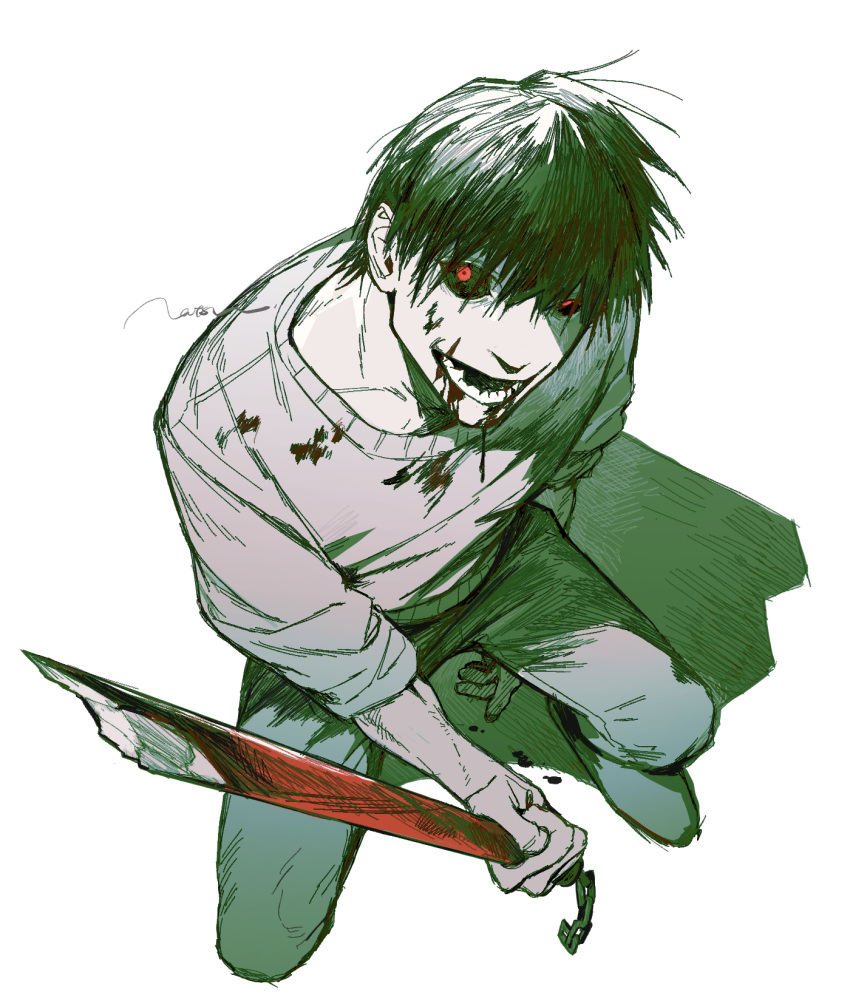 1boy black_hair black_sclera blood blood_from_mouth blood_on_clothes broken broken_weapon colored_sclera full_body fushiguro_touji highres holding holding_weapon jujutsu_kaisen looking_at_viewer male_focus natsu_(rodysanp) on_one_knee open_mouth pants red_eyes shoes short_hair simple_background sleeves_pushed_up smile solo sweater teeth weapon white_background white_sweater