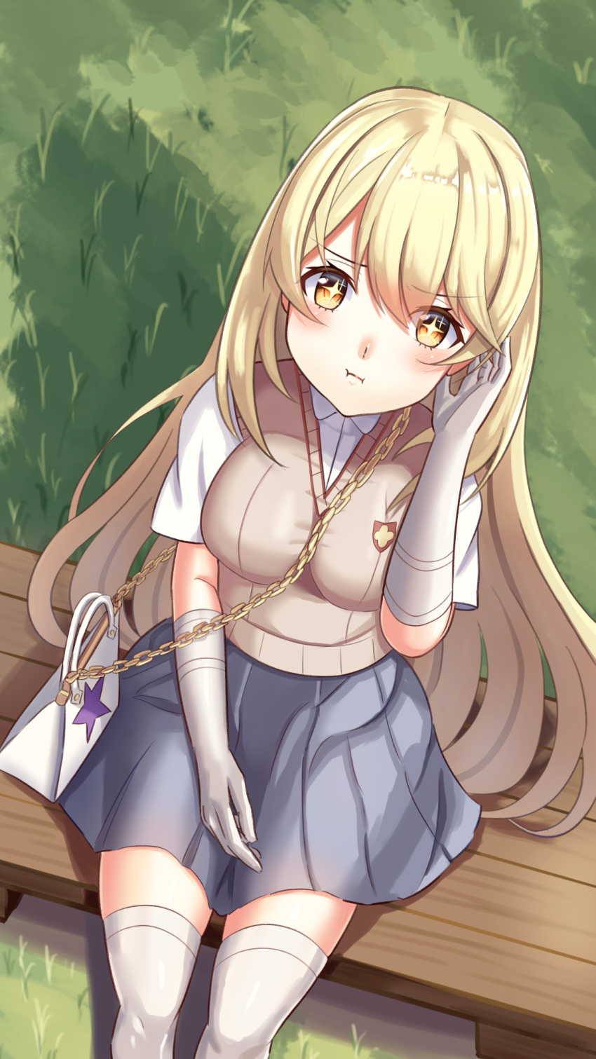 1girl adjusting_hair amai_to_mato bag blonde_hair breasts brown_sweater_vest collared_shirt commentary elbow_gloves feet_out_of_frame gloves grey_skirt hair_between_eyes handbag highres large_breasts light_blush long_hair looking_at_viewer looking_up outdoors pleated_skirt pout school_emblem school_uniform shadow shirt shokuhou_misaki short_sleeves sitting_on_bench skirt solo sparkling_eyes star_(symbol) star_print summer_uniform sweater_vest thigh-highs toaru_kagaku_no_mental_out toaru_kagaku_no_railgun toaru_majutsu_no_index tokiwadai_school_uniform very_long_hair white_gloves white_shirt white_thighhighs yellow_eyes