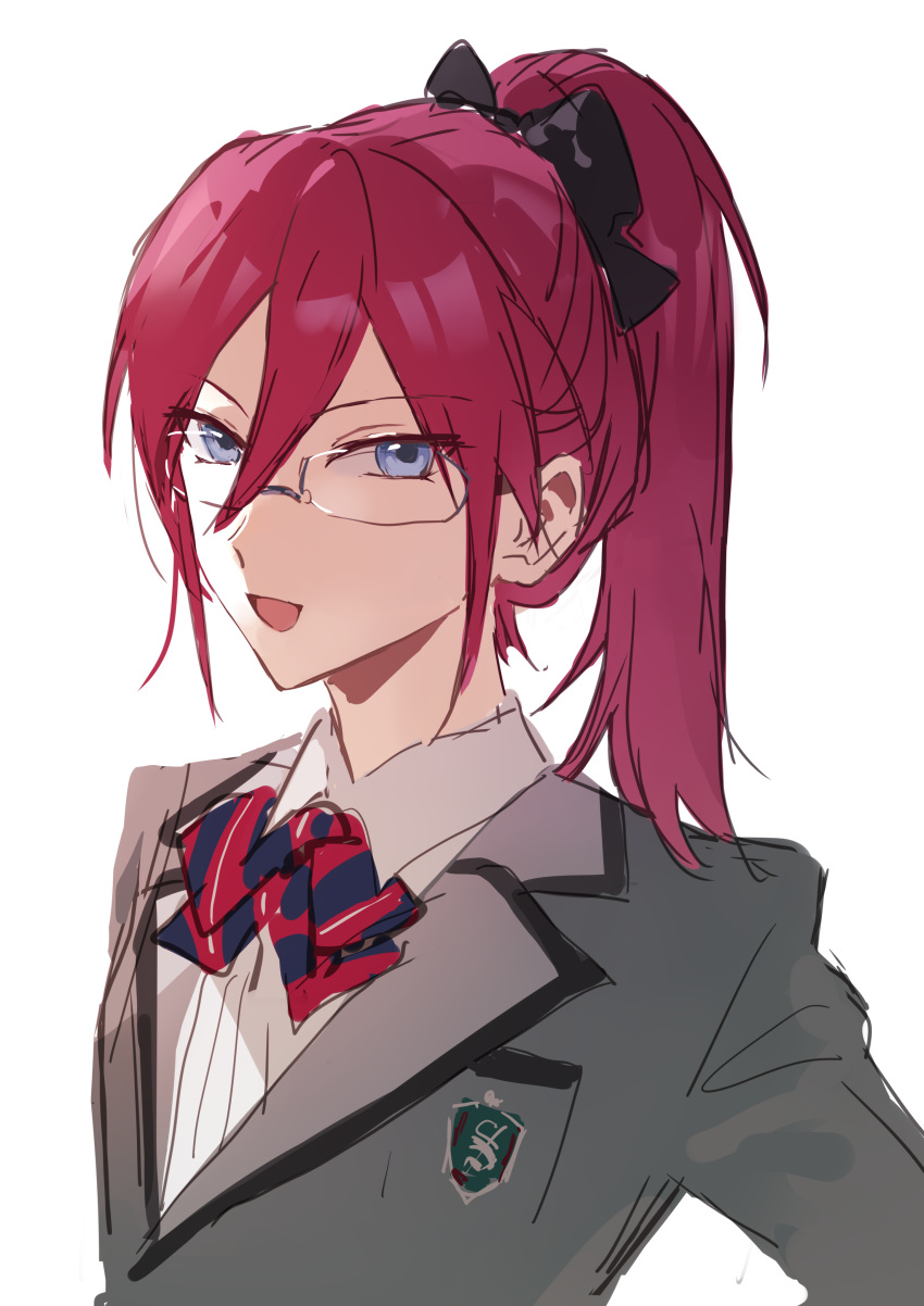 1girl absurdres blazer blue_bow blue_eyes bow collared_shirt ensemble_stars! genderswap genderswap_(mtf) grey_background grey_jacket highres jacket looking_at_viewer multicolored_bow multiple_hairpins open_mouth pink_hair ponytail red_bow saegusa_ibara school_uniform shirt sketch smile solo white_bow white_shirt yhsg