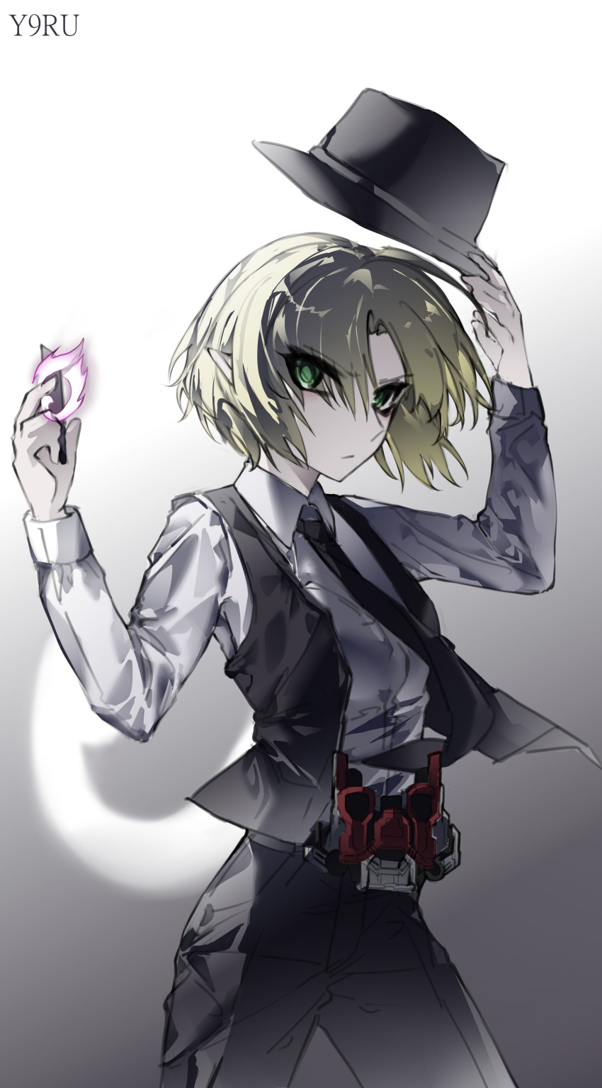 1girl absurdres black_headwear black_necktie black_pants black_vest blonde_hair closed_mouth collared_shirt cookie_(touhou) cosplay cowboy_shot double_driver eyes_visible_through_hair fedora gaia_memory gradient_background green_eyes grey_background hair_between_eyes hat hidari_shoutarou hidari_shoutarou_(cosplay) highres holding holding_clothes holding_hat joker_(cookie) kamen_rider kamen_rider_w long_bangs long_sleeves looking_at_viewer mizuhashi_parsee name_connection necktie open_clothes open_vest pants parted_bangs pointy_ears serious shirt short_hair solo touhou vest white_shirt yexinhan