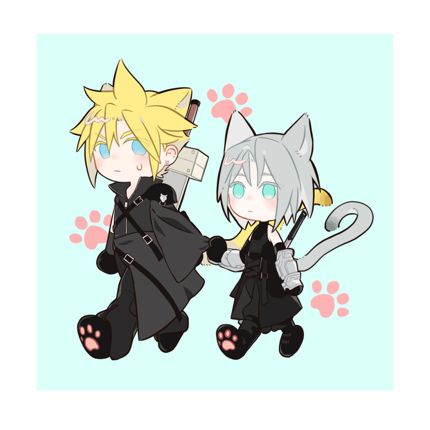 2boys aged_down animal_ears animal_feet arm_armor armor asymmetrical_arms belt_buckle black_gloves black_pants blonde_hair blue_background blue_eyes buckle cat_boy cat_ears cat_tail chest_strap chibi chinese_commentary clothes_grab cloud_strife cluck_gugu commentary earrings expressionless final_fantasy final_fantasy_vii final_fantasy_vii_advent_children final_fantasy_vii_ever_crisis gloves green_eyes grey_hair high_collar highres implied_yaoi in-franchise_crossover jewelry looking_to_the_side male_focus multiple_boys pants pauldrons paw_print sephiroth shoulder_armor single_earring single_pauldron sleeveless sleeveless_turtleneck spiky_hair sweatdrop tail turtleneck walking zipper