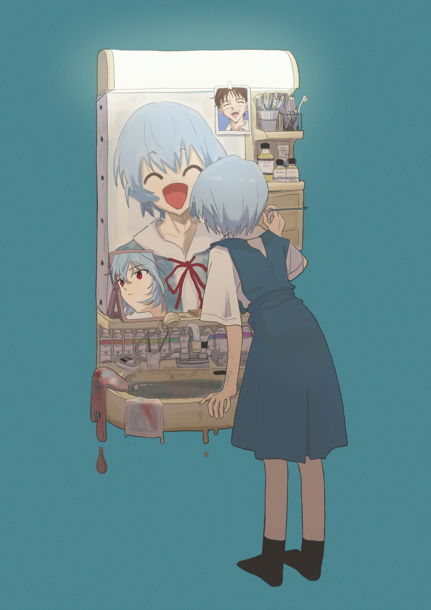 1girl ^_^ absurdres ayanami_rei black_socks blue_dress blue_hair canvas_(object) closed_eyes commentary dorarin drawing drawing_(object) dress facing_away from_behind full_body green_background highres holding holding_brush ikari_shinji mirror neck_ribbon neon_genesis_evangelion no_shoes paint photo_(object) reflection ribbon school_uniform shirt short_hair short_sleeves simple_background sink socks solo white_shirt