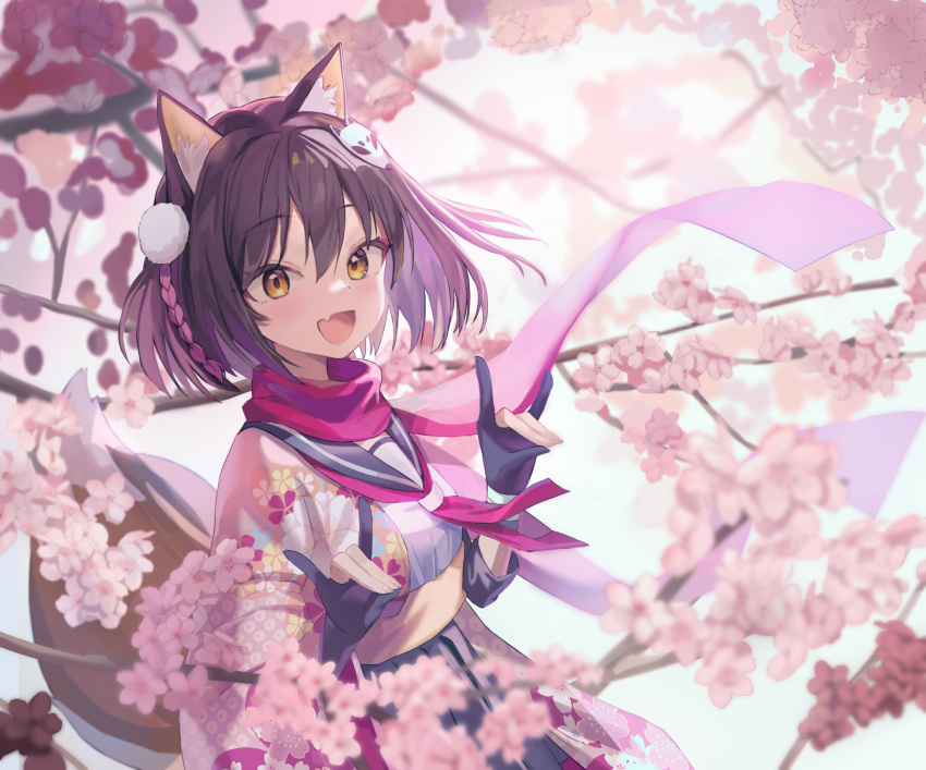 1girl animal_ear_fluff animal_ears black_gloves black_hair black_sailor_collar black_skirt blue_archive blurry blurry_foreground breasts cherry_blossoms double_fox_shadow_puppet eyeshadow fang fox_ears fox_shadow_puppet gloves highres izuna_(blue_archive) loloco looking_at_viewer makeup neckerchief open_mouth partially_fingerless_gloves pink_neckerchief pink_scarf pleated_skirt red_eyeshadow sailor_collar scarf short_hair skin_fang skirt small_breasts smile solo yellow_eyes
