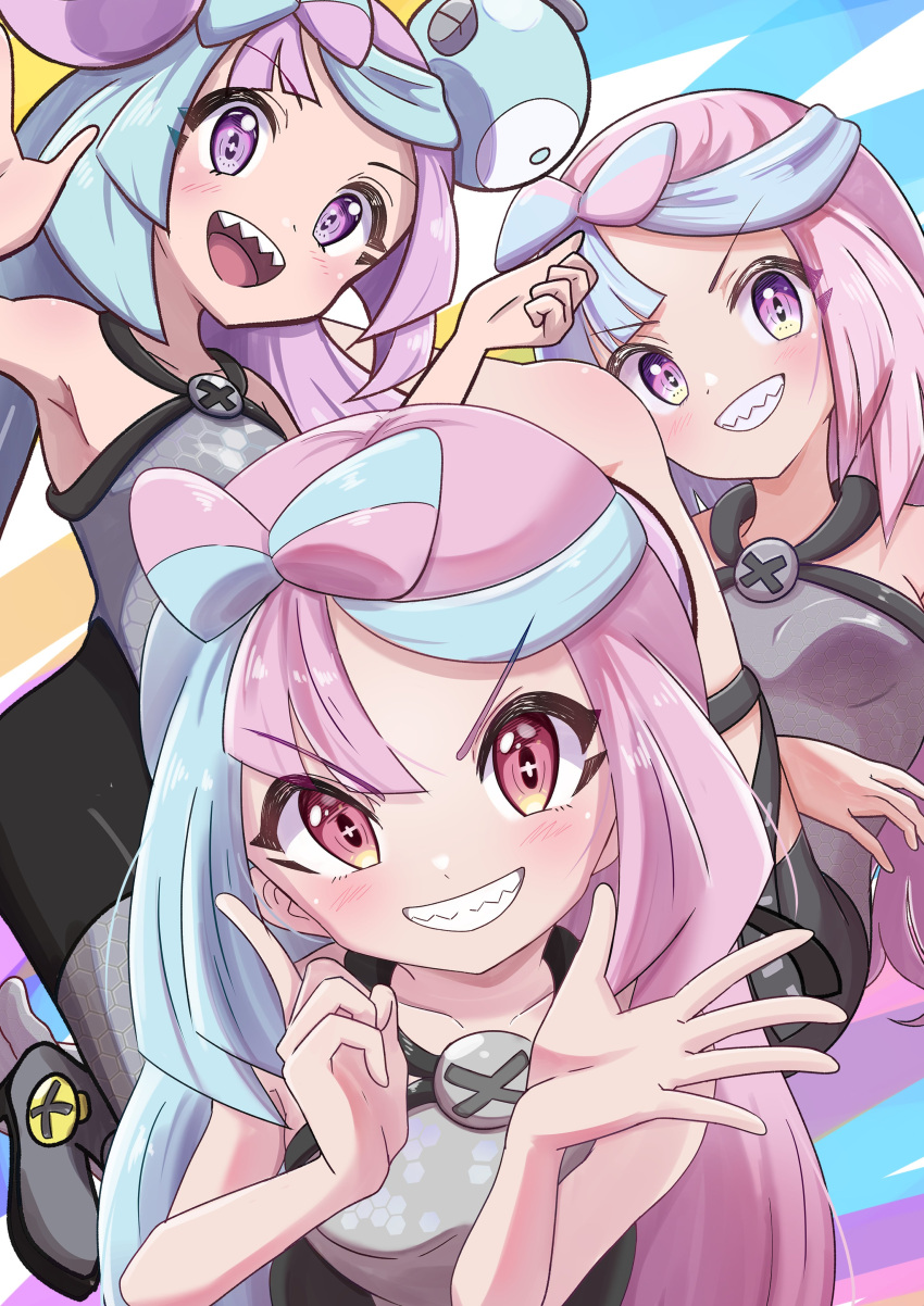 1girl absurdres blush bow-shaped_hair breasts character_hair_ornament hair_ornament highres iono_(pokemon) jacket long_hair looking_at_viewer multicolored_hair open_mouth pink_hair pokemon pokemon_(game) pokemon_sv rono_(lethys) sharp_teeth shirt sleeveless sleeveless_shirt sleeves_past_fingers sleeves_past_wrists smile solo teeth two-tone_hair yellow_jacket