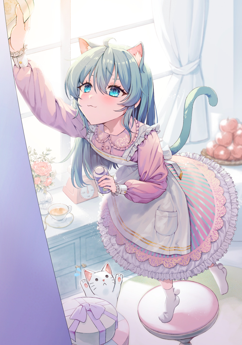 1girl :3 absurdres animal_ears apple apron cat cat_ears cat_girl cat_tail cup curtains dress flower food frilled_dress frills fruit full_body grey_hair highres kitchen_scale long_hair long_sleeves maid_apron momoe_sanami on_stool original pink_dress pink_flower smile stool tail tea teacup weighing_scale white_apron window