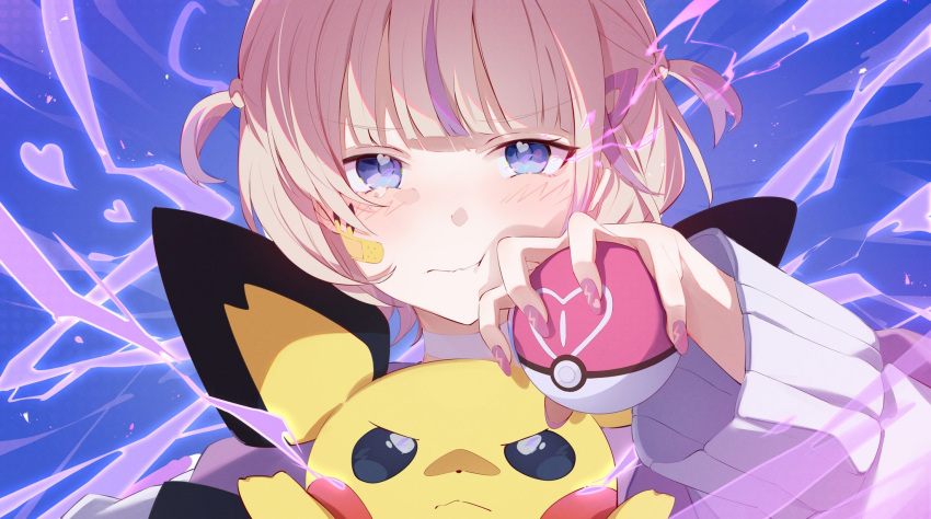 1girl bandaid bandaid_on_cheek bandaid_on_face blonde_hair blue_hair electricity highres holding holding_poke_ball hololive hololive_dev_is jacket looking_at_viewer love_ball motoi_(croa76) multicolored_hair nail_polish pichu pink_nails poke_ball pokemon pokemon_(creature) purple_background streaked_hair todoroki_hajime two_side_up violet_eyes virtual_youtuber vocaloid volt_tackle_(vocaloid)
