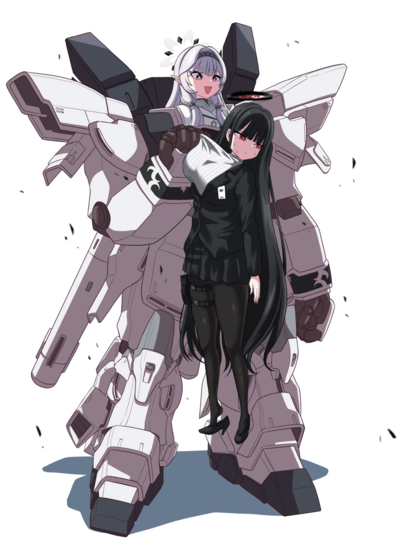 2girls absurdres black_footwear black_hair black_hairband black_pantyhose black_skirt blue_archive breasts bright_pupils closed_mouth false_smile flat_chest gundam gundam_narrative hairband halo high_heels highres himari_(blue_archive) id_card korean_commentary large_breasts long_hair long_sleeves multiple_girls open_mouth pangtanto pantyhose pleated_skirt pointy_ears red_eyes ribbed_sweater rio_(blue_archive) simple_background sinanju_stein skirt smile striped striped_hairband suit sweater violet_eyes white_background white_hair white_pupils white_sweater