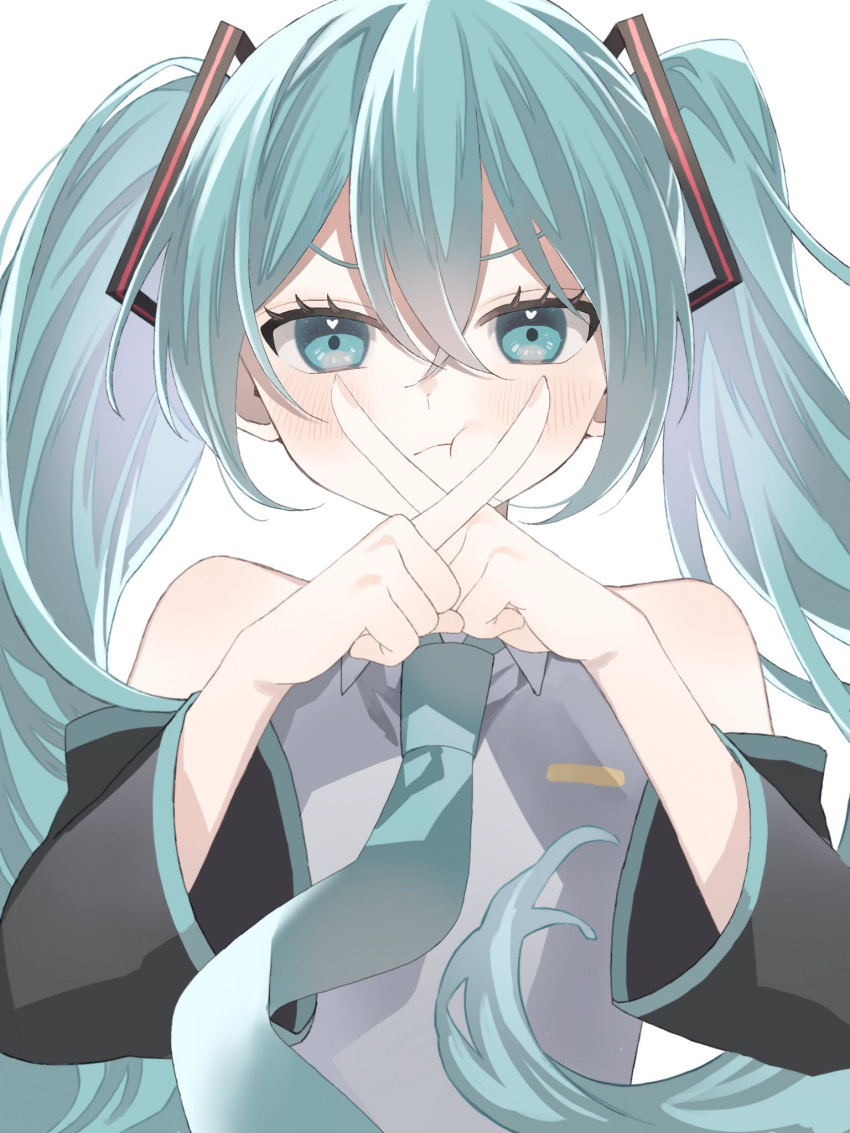 1girl aqua_eyes aqua_hair aqua_necktie bare_shoulders black_sleeves blue_eyes blue_hair blush closed_mouth detached_sleeves grey_shirt hair_between_eyes hair_ornament hatsune_miku highres long_hair looking_at_viewer necktie nitsuki_09 pout shirt simple_background solo twintails vocaloid white_background wind x_fingers